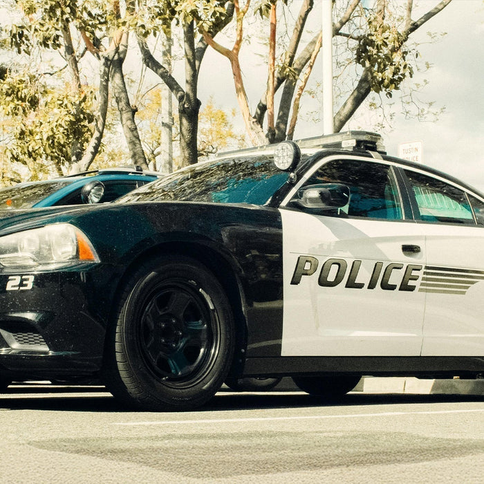 Police vehicle parked with the Dana Safety Supply logo in the corner